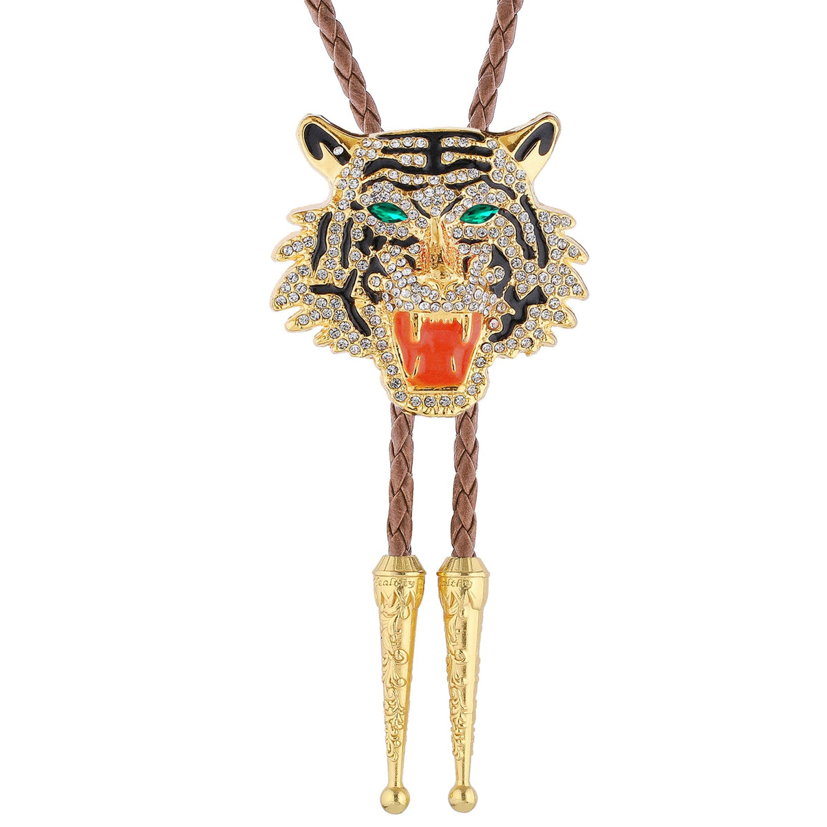 GelConnie Formal Bolo Tie for Men Rhinestone Gold Tiger Head Bola Brown Rope Bolo Tie Wedding Necklace Western Cowboy Necktie