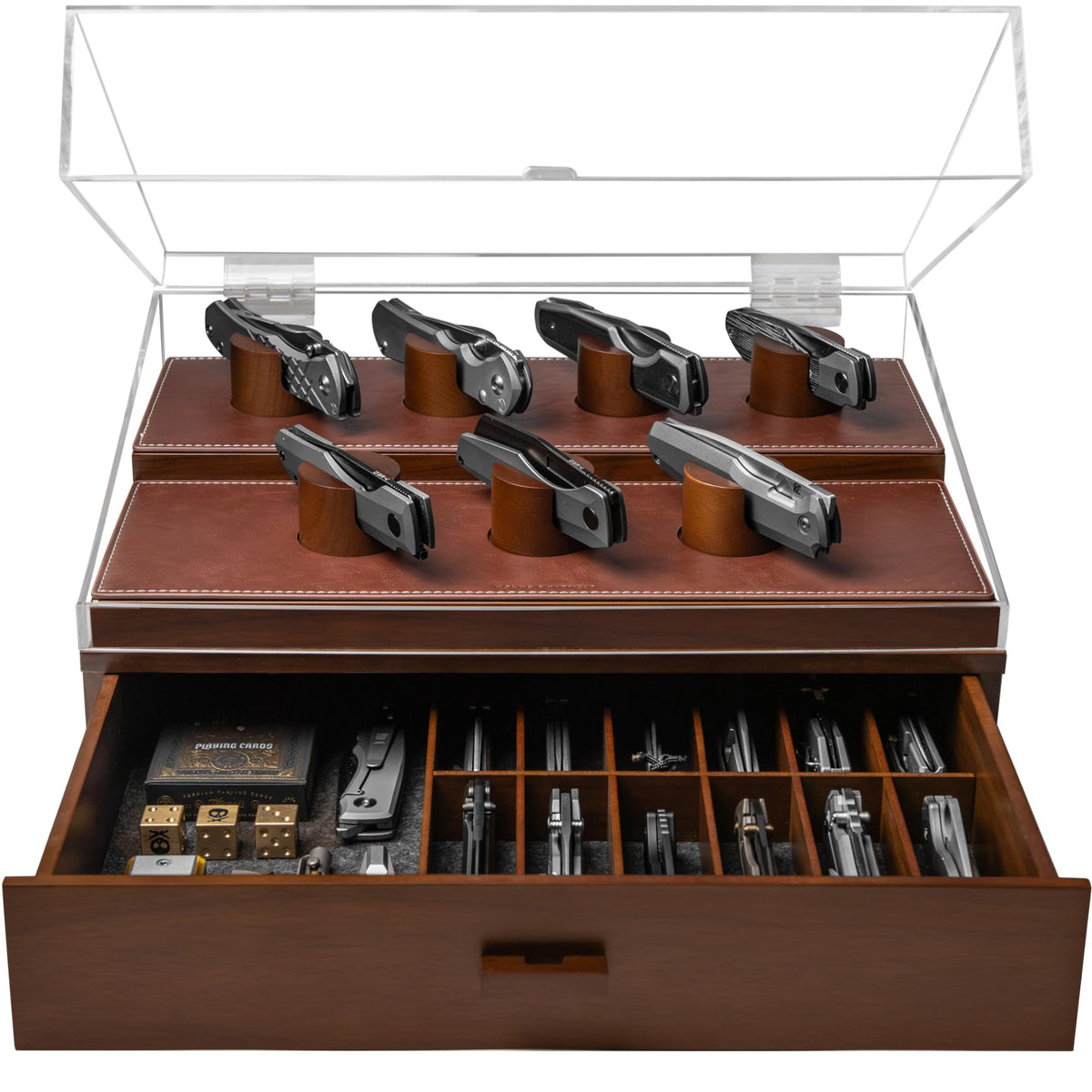 Premium Pocket Knife Display Case for 30 Knives - Large Wooden Knife Organizer, Storage & Holder with Unique Pillars, Hinged Cover, Drawer - Knife Collection Box - Handcrafted Father's Day Present
