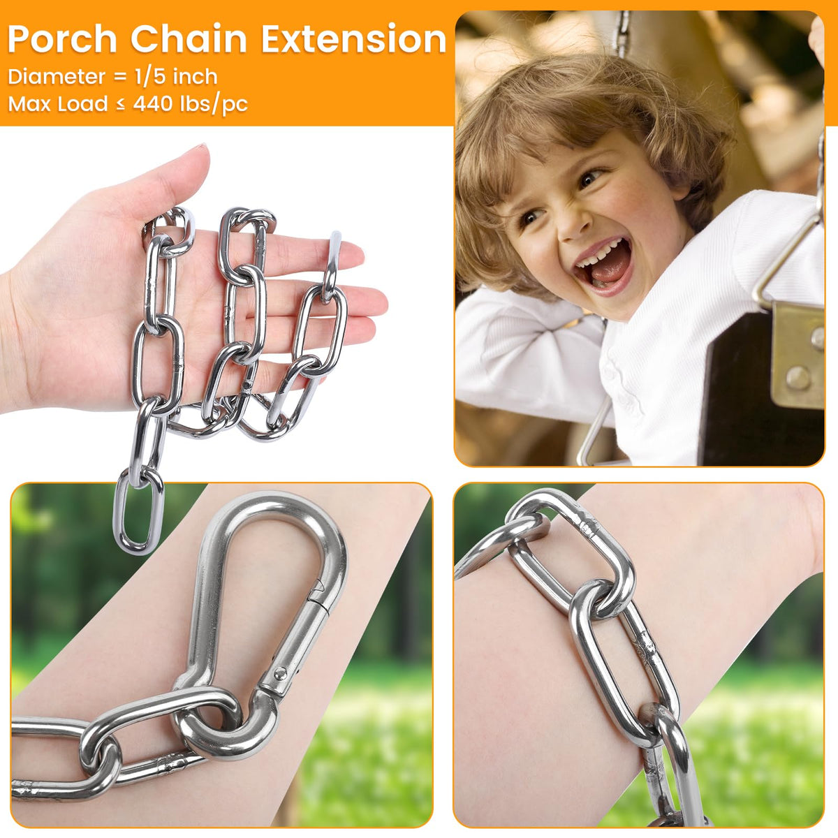 2 Pack 30 Inch Heavy Duty Chains for Swing, 440LB Hanging Chair Chain with 5/16 Thick Clasps, Adjustable Stainless Steel Chain Extension for Porch Tree Swing Hammock Chair Boxing Bag Yoga Gym