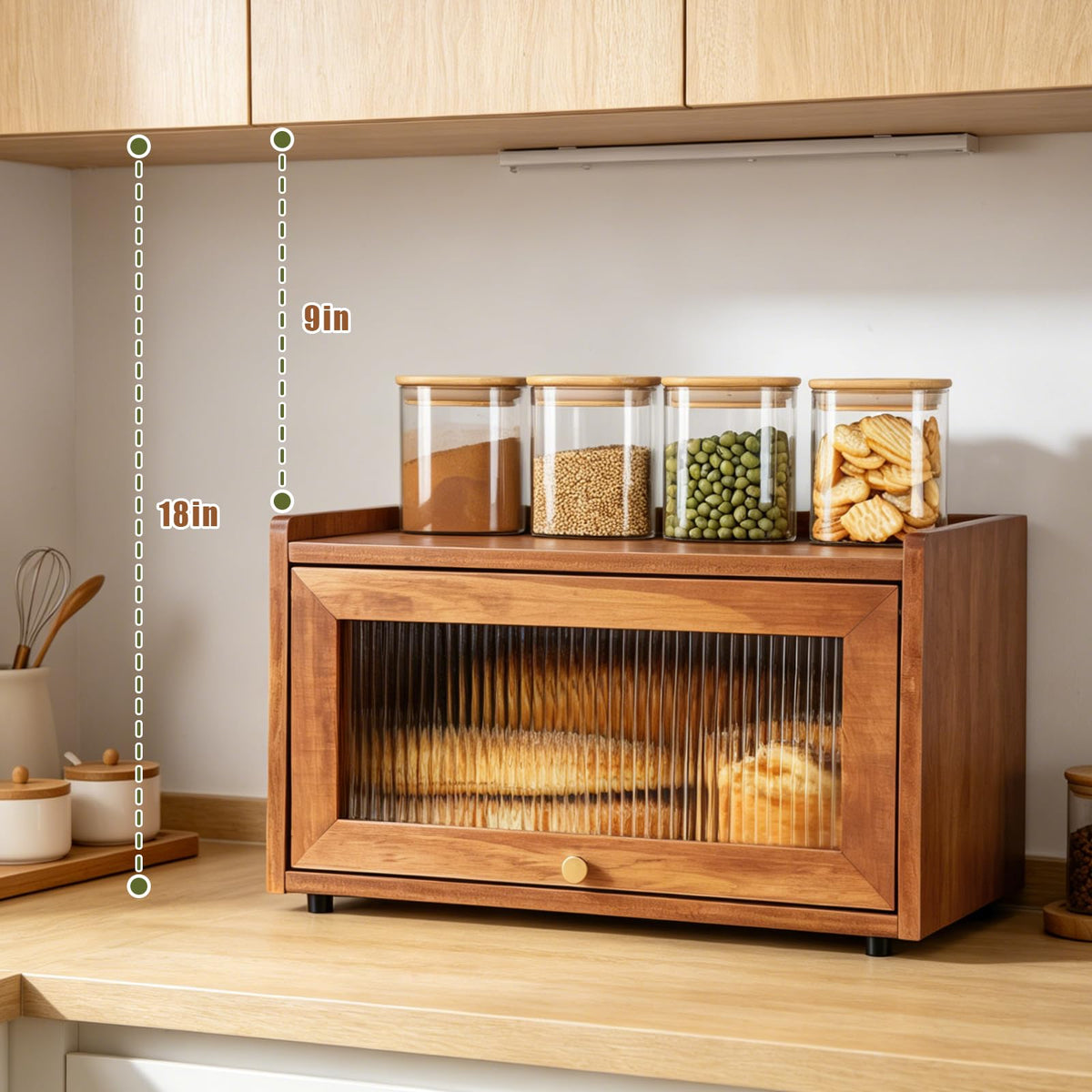 OCSERMIR Wooden Bread Box for Kitchen Countertop, Daily Bread Storage for Clutter-Free Counters, Flat Top Bread Holder with Acrylic Door, Brown