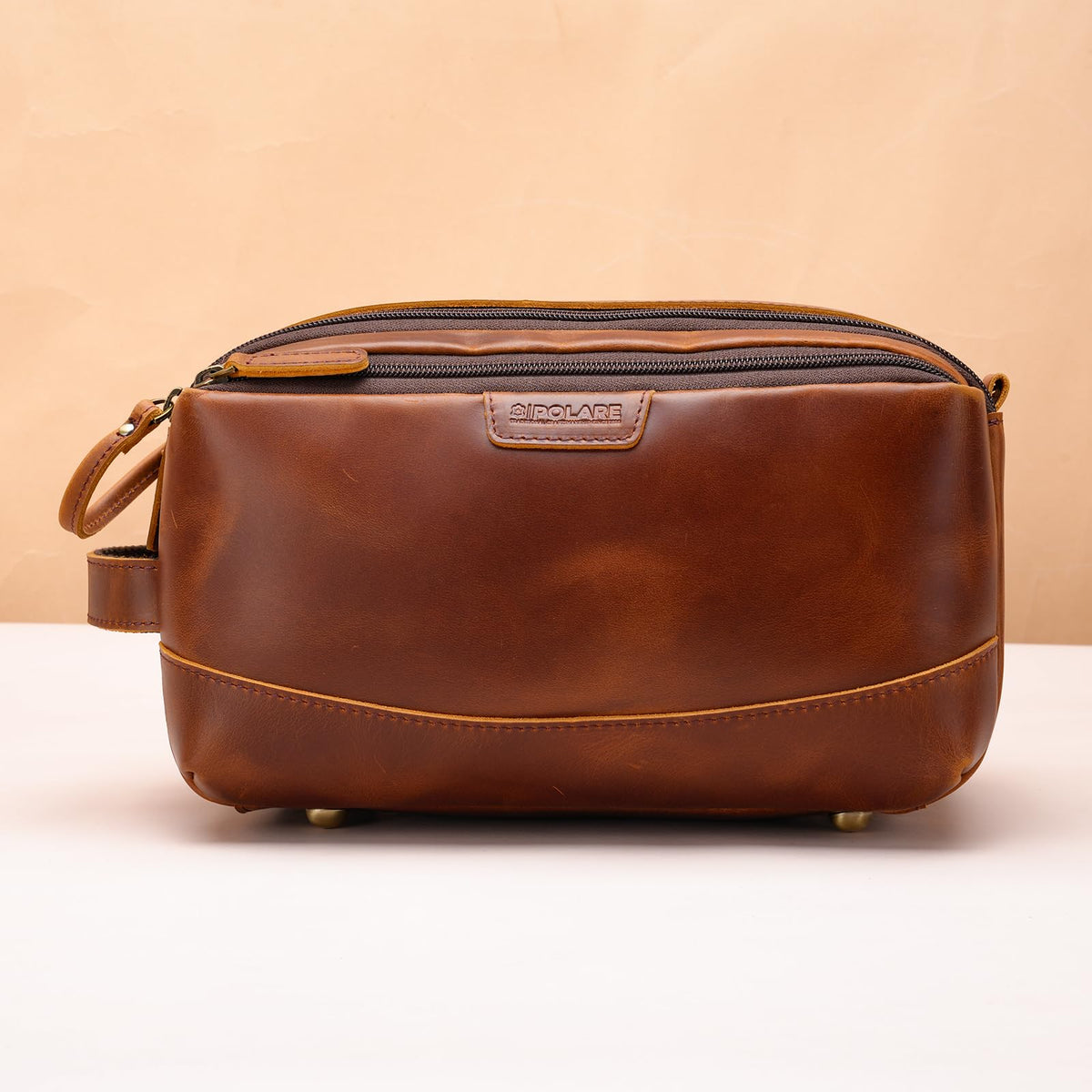 Polare Full Grain Leather Toiletry Bag for Men Large Travel Cosmetic Case Dopp Kit Shaving Kit Wash Pouch with YKK Zippers (Brown)