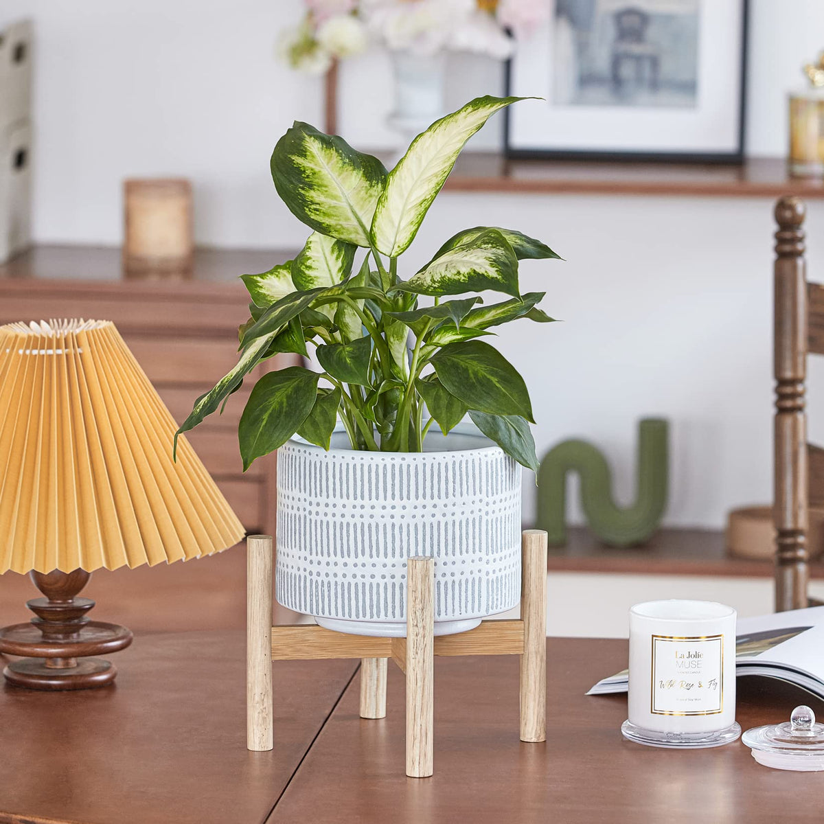 LA JOLIE MUSE Ceramic Plant Pot with Wood Stand - 7.3 Inch Modern Round Decorative Flower Pot Indoor with Wood Planter Holder, Slate Blue and White