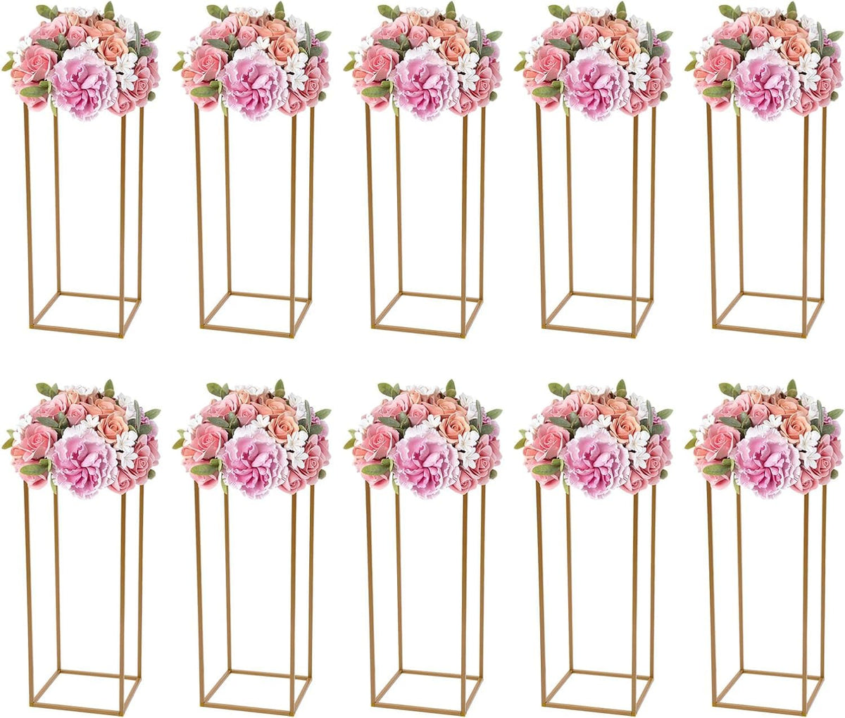 10 Pack 23.6 Inch Gold Wedding Flower Stand Metal Vase Column Stand Geometric Centerpiece Vase for Home Party Wedding Decorations, Rectangular Flower Display Rack