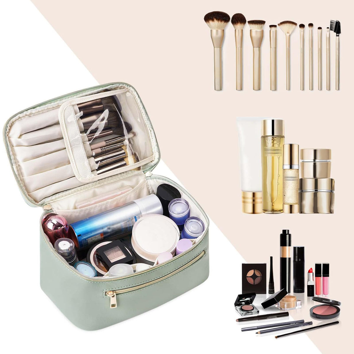 Wandering Nature Makeup Bag, Travel Make Up Organizer Cosmetic Brush Bags Case for Women in Vegan Leather, Sage Green, Patent Pending
