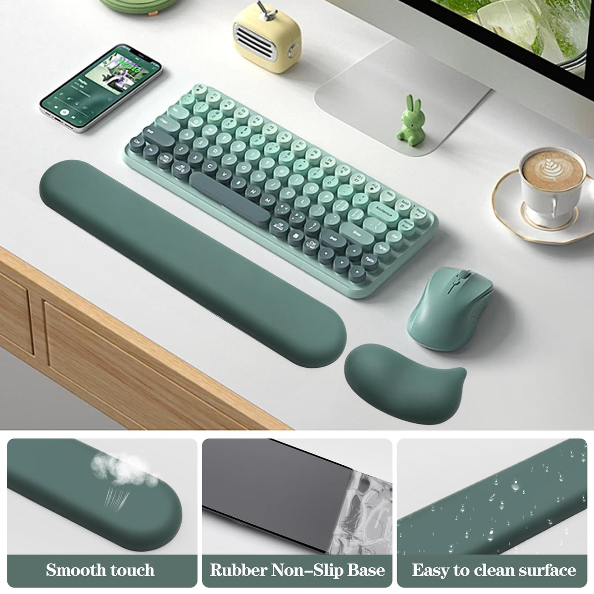 Wrist Rest for Keyboard and Mouse Pad, Ergonomic Memory Foam Keyboard Wrist Rest Set, Luxe Leather, Non-Slip Desk Accessories for Office and Home (Green)