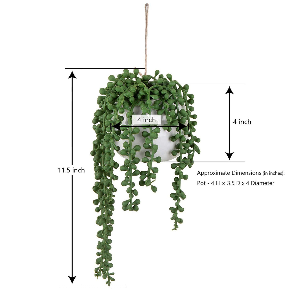 MyGift Artificial Faux String of Pearls Plants in White Ceramic Wall Hanging Planter Pot with Jute Rope, Set of 2