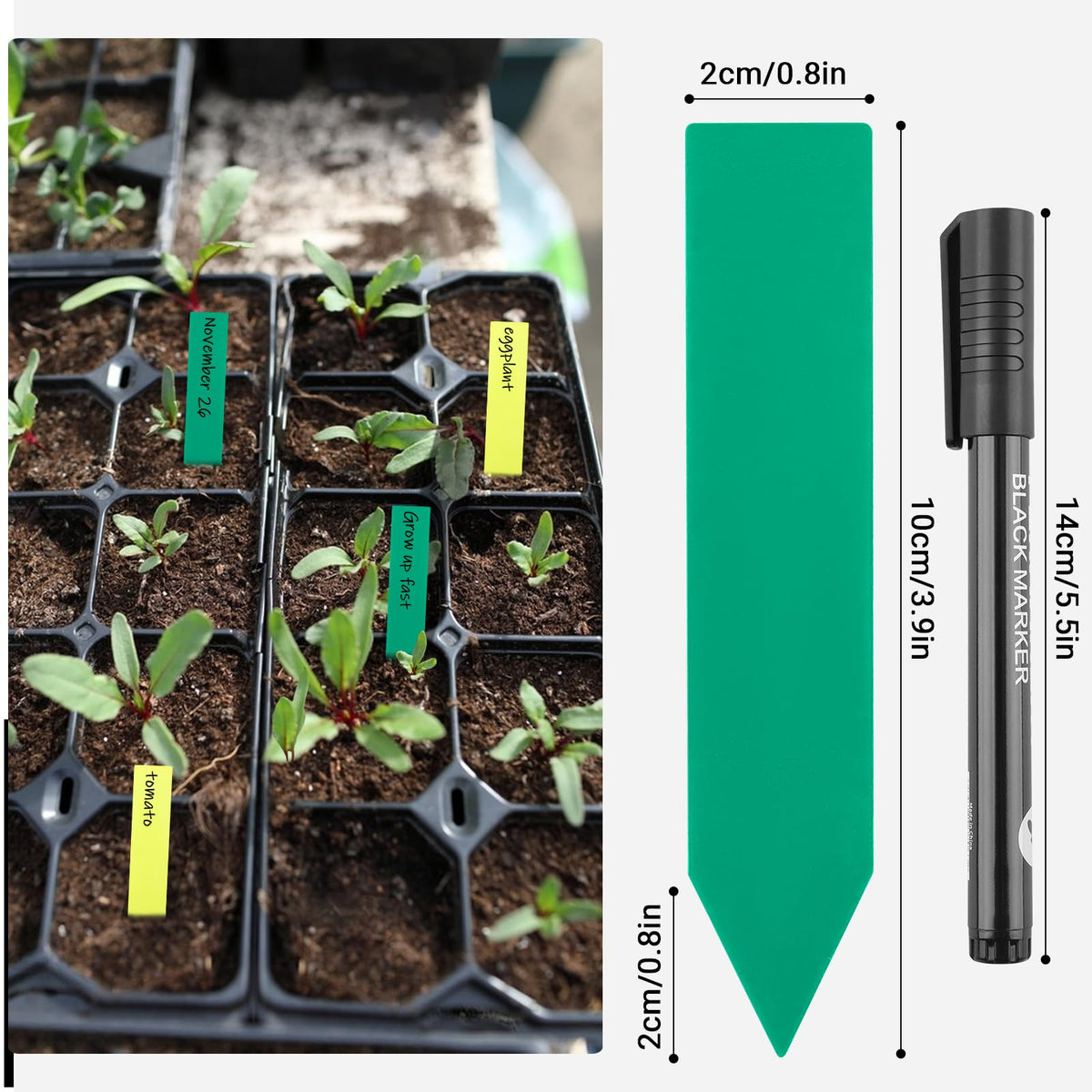 GREANER Window Boxes Planters with 4inch Colorful Plant Label, 3PCS 16x3.8 Inch Black Rectangle Planters Box with Drainage Holes and Trays, Herb Succulents Flowers Plastic Pot for Windowsill, Garden,