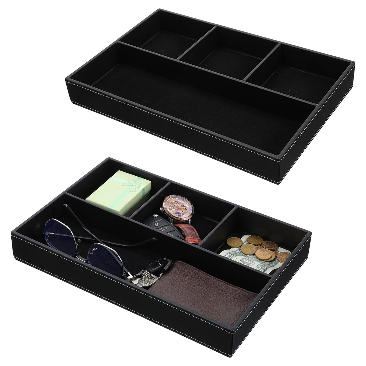Afcabakila 2 Pieces Leather Valet Tray Nightstand Drawer Organizer Stackable Jewelry Organizer For Drawer Key Wallet Sunglass Watch Coin Phone Bedside Dresser Top Tray Black