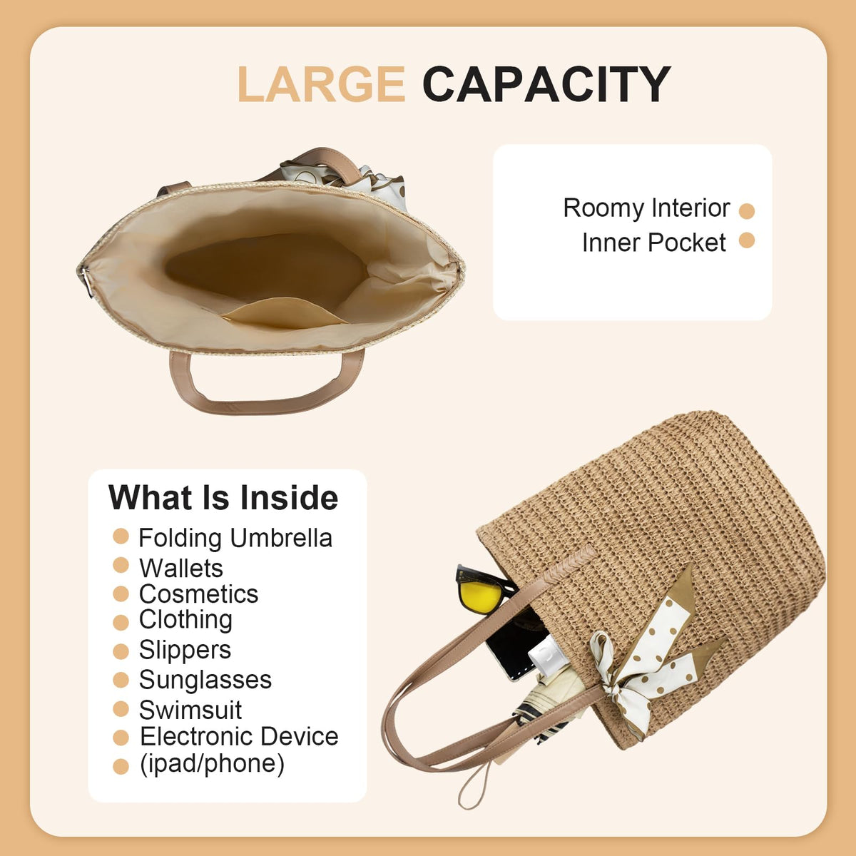 Long Keeper Straw Tote Bag for Women Summer Straw Beach Bag with Zipper Woven Shoulder Tote Bags for Beach Picnic Vacation (Khaki)