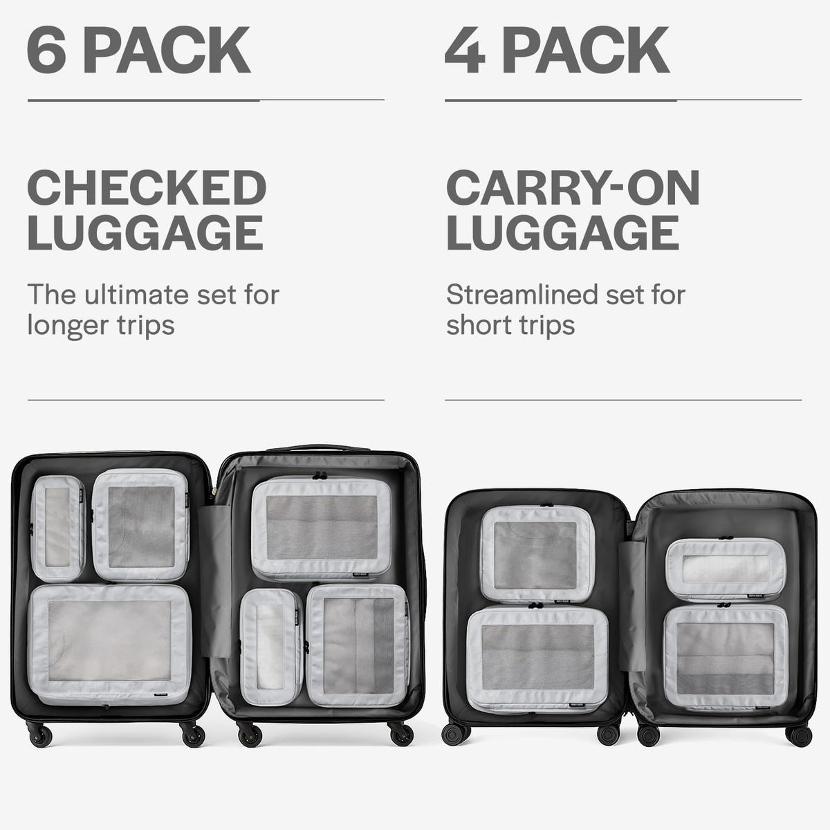 Aerotrunk Compression Packing Cubes for Travel - Luggage Organizer Bags - Double Zipper Packing Cubes for Suitcases (4-Pack, Light Grey)