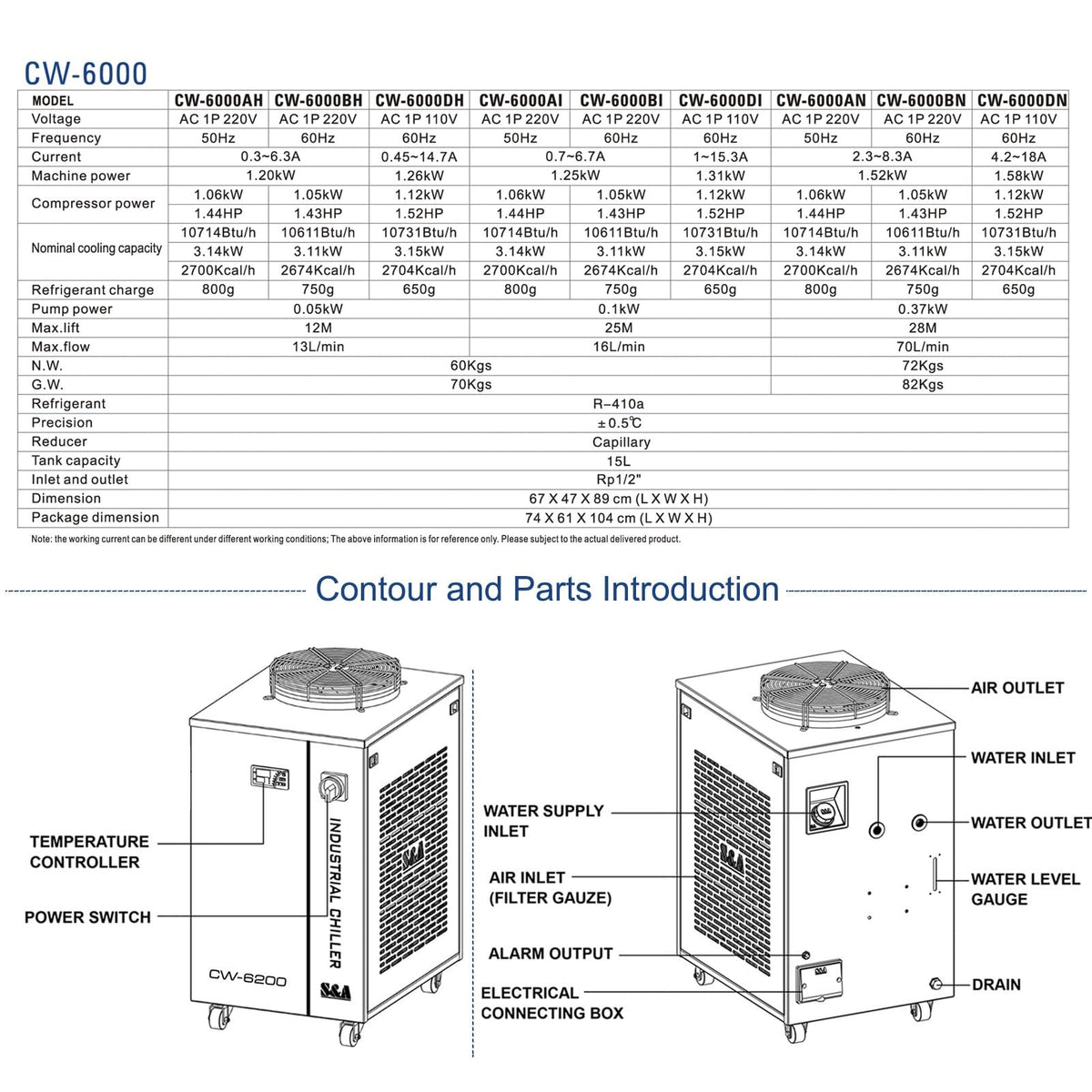 S&A Genuine CW-6000DI Industrial Water Chiller with 10731Btu/h Cooling Capacity 15L Water Tank Laser Water Cooler Chiller 110V