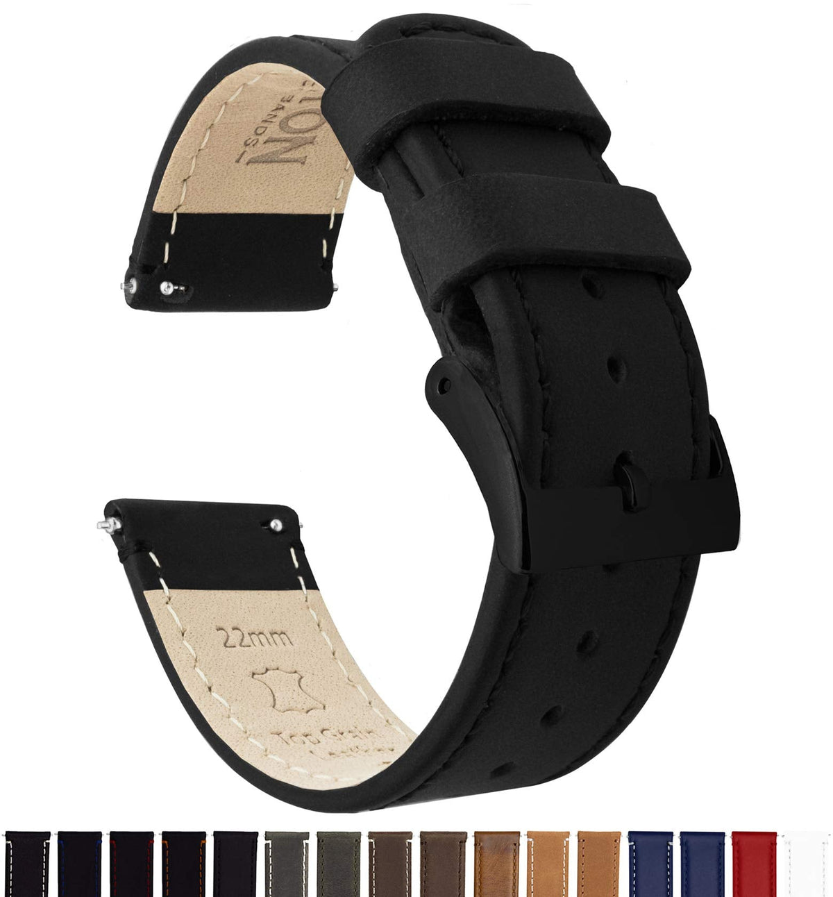 BARTON WATCH BANDS Quick Release Top Grain Leather Watch Band Strap, Black Leather/Black Stitching (Black Buckle), 22mm