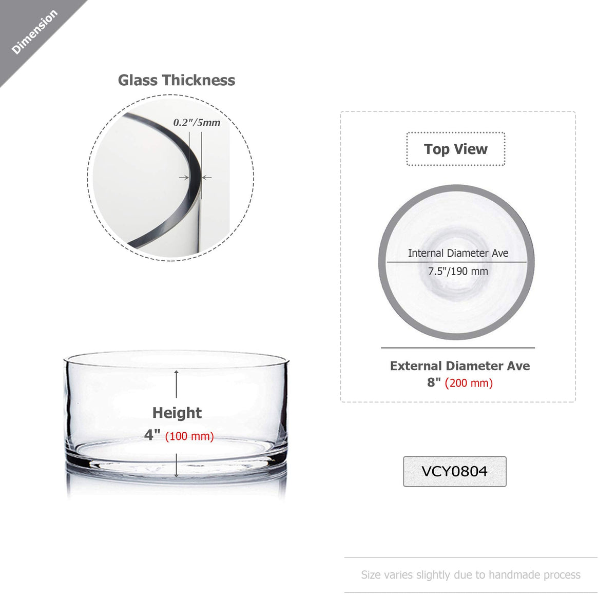 WGV Cylinder Vase, Open Width 8", Height 4", Clear Flat Pan Style Container, Planter Terrarium, Floral Centerpiece for Wedding Party Event, Home Office Decor, 1 Piece