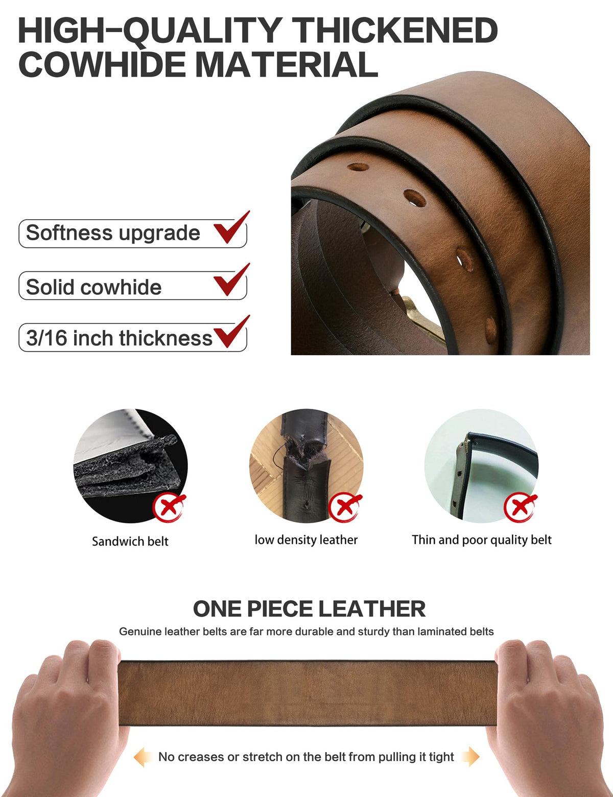 wolksprong Thicken Full Grain Leather Mens Belt Heavy Duty Work Belt High Hardness Buckle Packed In Gift Box (Brown, 38(Fit Pants Size 36))