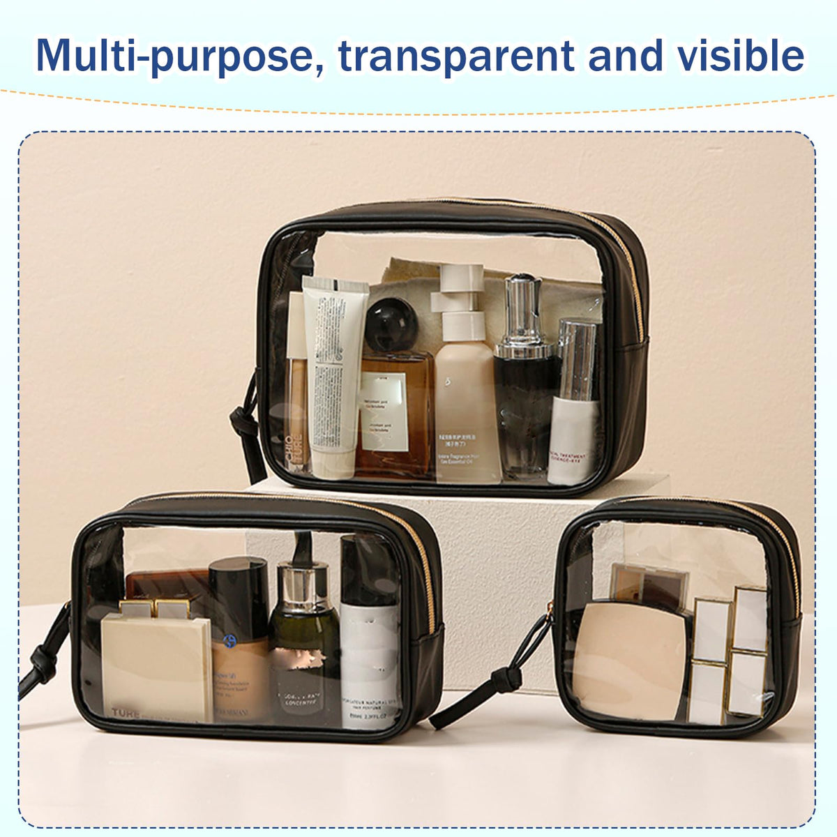 lllyan 3-Piece Travel Makeup Bag Clear Waterproof Toiletry Bag Set Large, Medium Small Sizes Travel Toiletry Organizer Pouch Cosmetic Storage for Bathroom (Black)