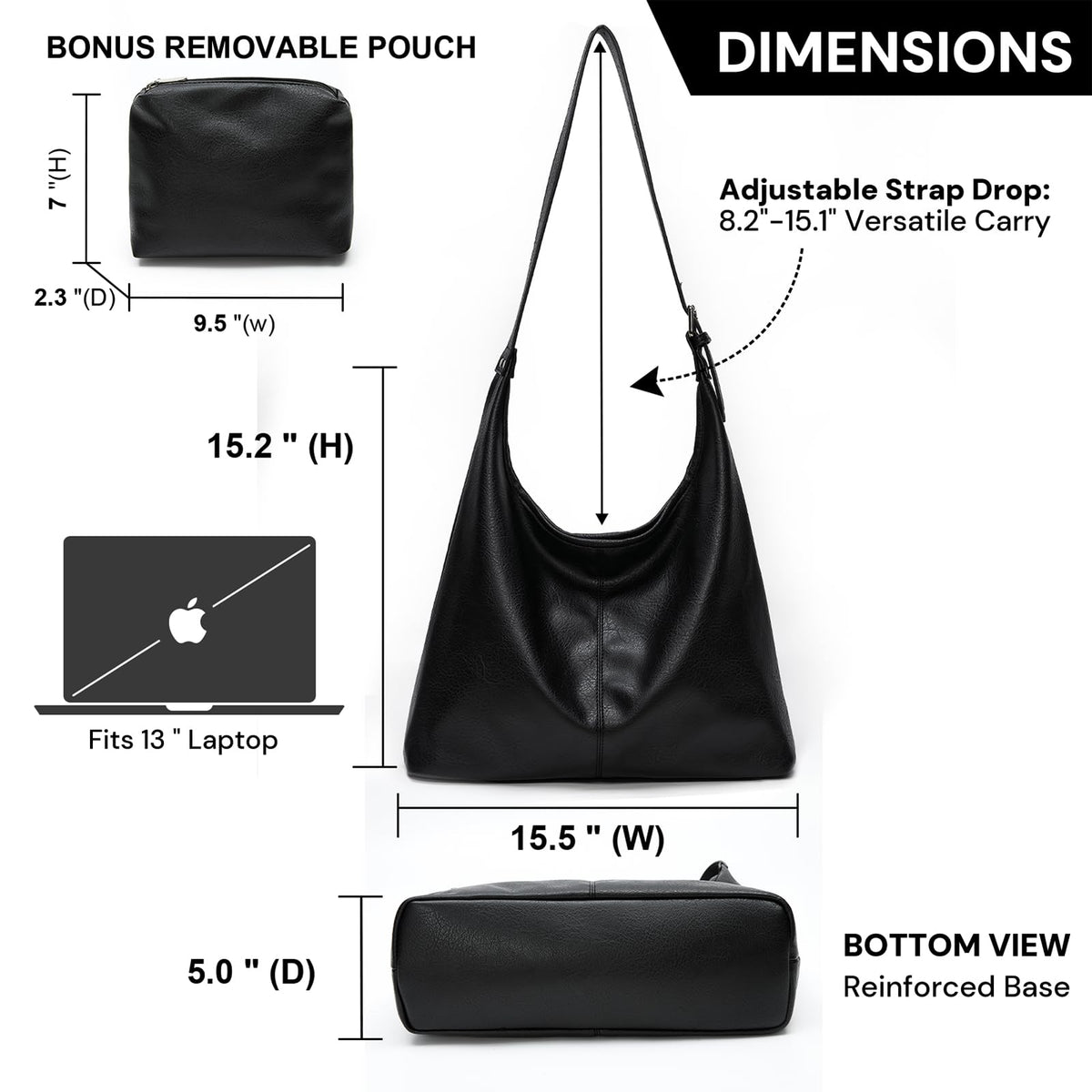 Hobo Bag for Women, Soft Vegan Leather Slouchy Shoulder Tote Purse with Matching Pouch, Adjustable Strap & Magnetic Closure Black