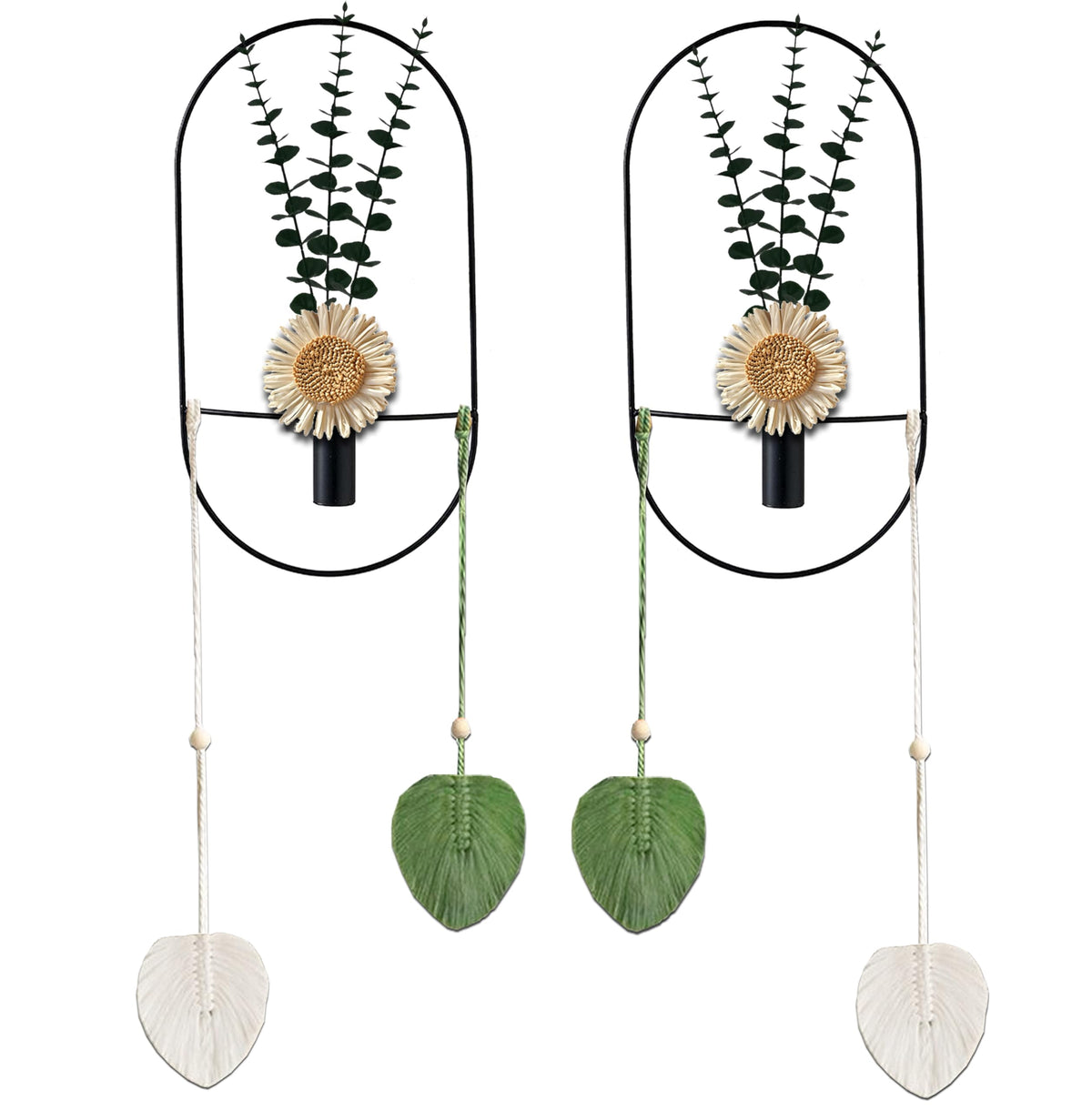 Black Wall Mounted Metal Planter, 2 Piece Set, Large Wall Hanging Vase with Faux Plants, Plant Wall Decor for Living Room, Bedroom, Bathroom, Dining Room