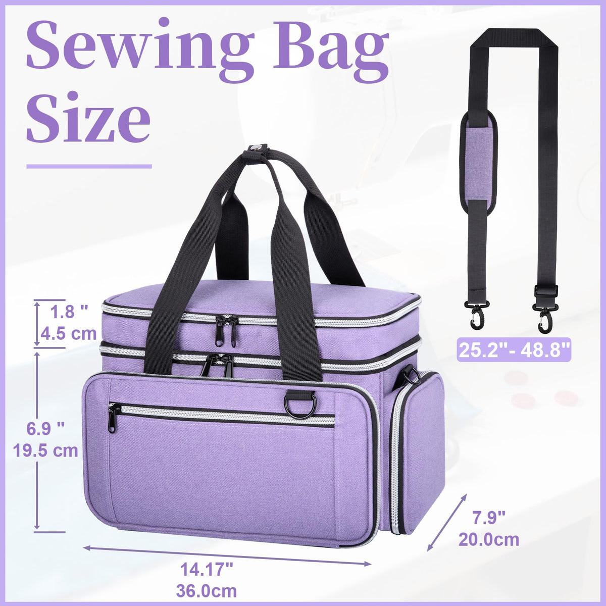 Anitor Large Sewing Supplies Organizer, Double Layer Sewing Storage Organizer with Two Detachable Dividers, Travel Sewing Bag Organizer with Shoulder Strap for Accessories, Pale Purple, (Bag Only)