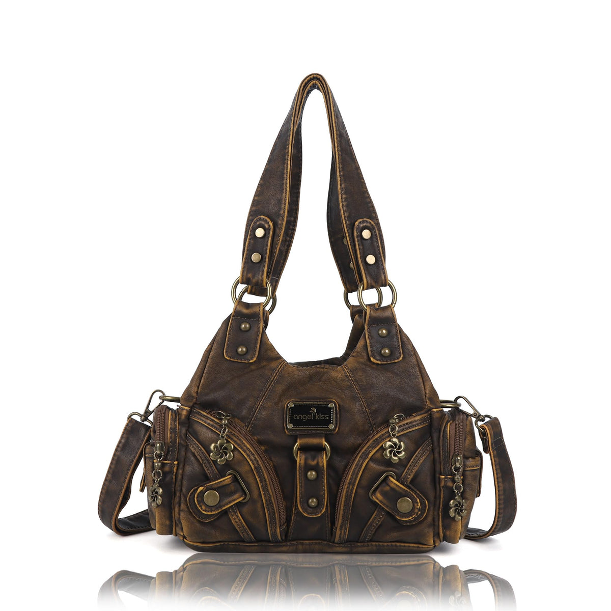 Angel Kiss Purses for Women Small Hobo Shoulder Bags Vagen Leather Multi-Pocket Tote Bag with Zipper (Retro Brown)