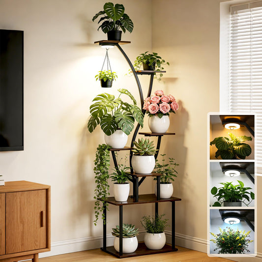 Cypherx Plant Stand Indoor with Grow Lights - 63" Tall Metal Corner Shelf for Indoor Plants, 7 Tiered Corner Plant Stand with Hanging Hook, Tree-Shaped Lighted Rack for Home, Living Room, Office & Patio Decor