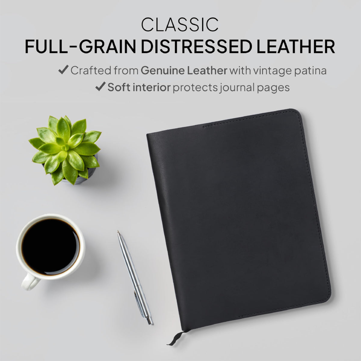 TheAntiq XL Leather Journal Cover 7.5 x 9.5 Inch – Refillable Genuine Leather Cover for Composition Notebook, Planner & Diary – Handmade Protective Travel Writing Case, Black