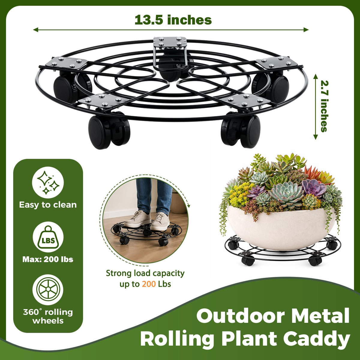 5 Packs 13.5" Large Metal Plant Caddy with Wheels Iron Rolling Plant Stands Heavy-duty Plant Roller Base Pot Movers Indoor Outdoor Plant Dolly with 5 Casters Plant Trolley Coaster Holder