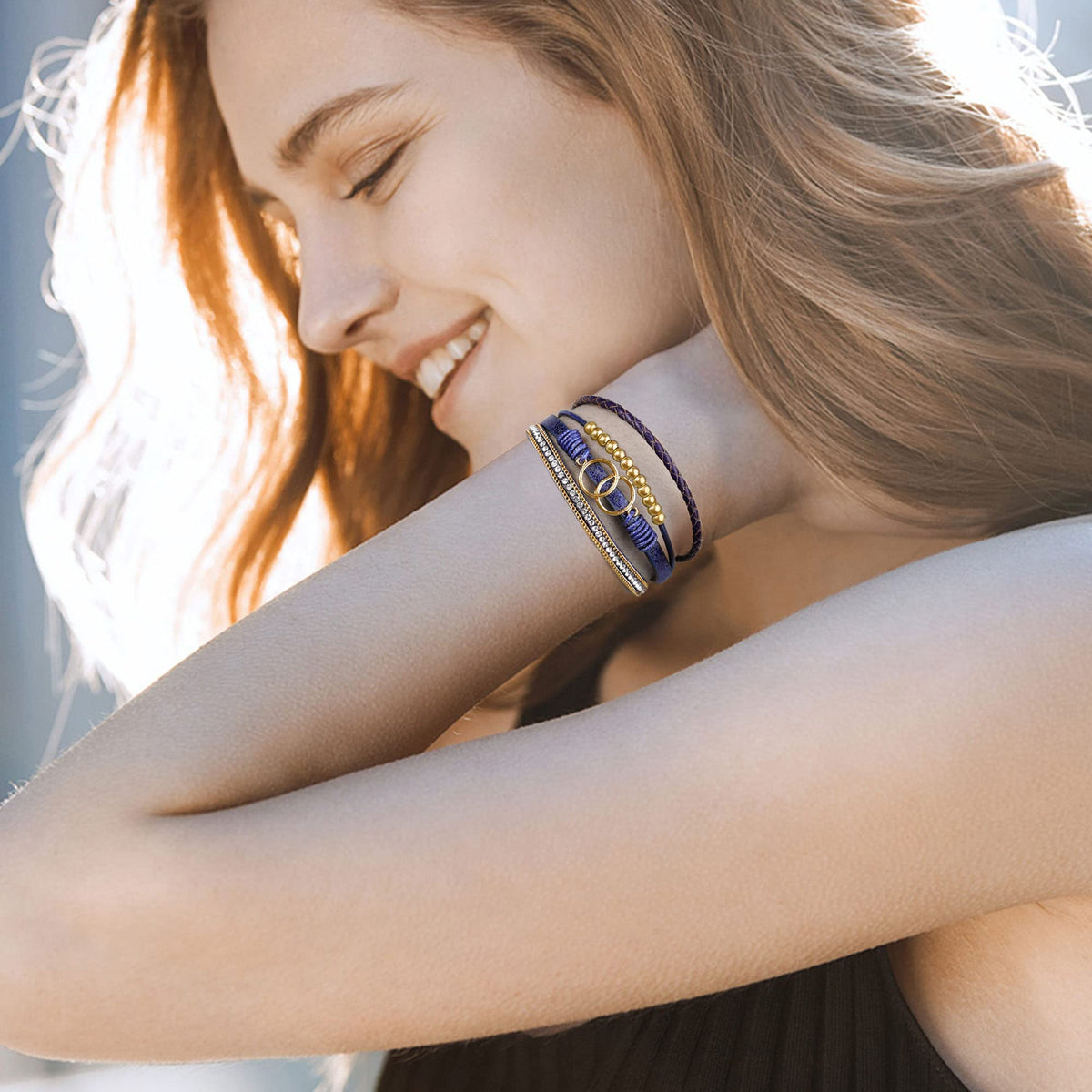 Btysun Best Friend Birthday Gifts for Women, Blue Leather Bracelets for Women Inspirational Boho Gift for Her Wrap Bracelet for Sister Daughter Christmas Stocking Stuffers Jewelry