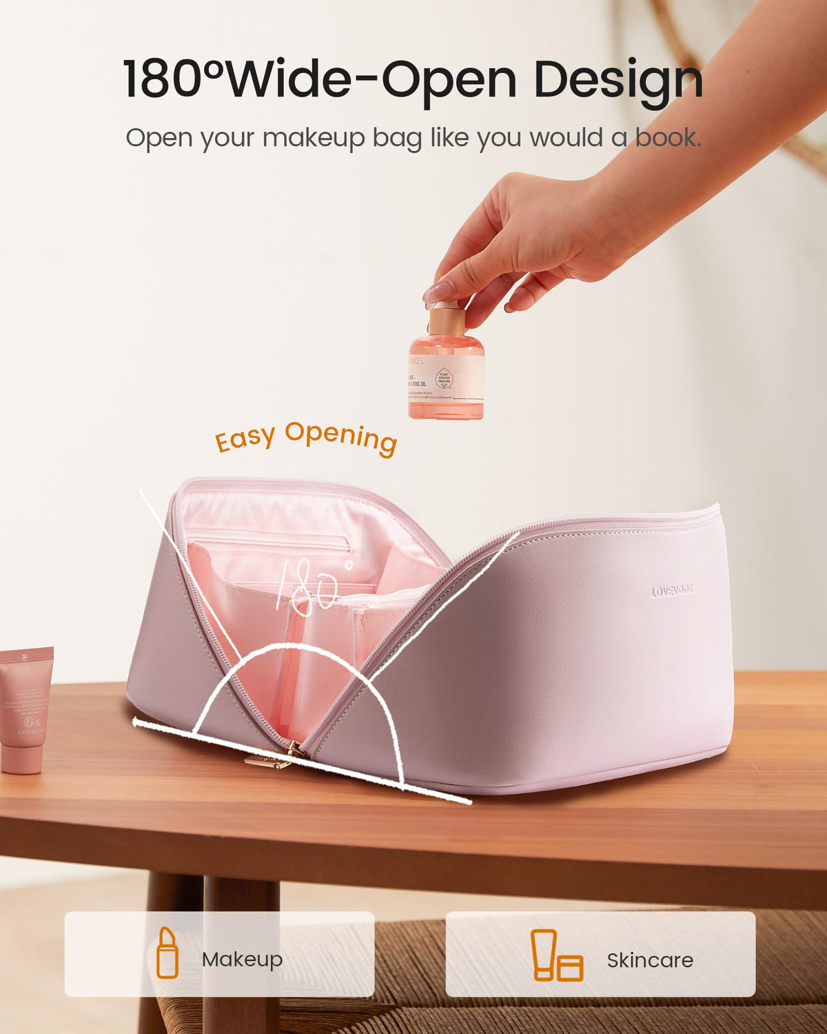 LOVEVOOK Travel Makeup Bag for Women, 2Pcs Large Capacity Cosmetic Organizer Bag, Waterproof PU Leather, Flat Open Portable Small Toiletry Pouch for Skincare, Brushes & Travel Essentials
