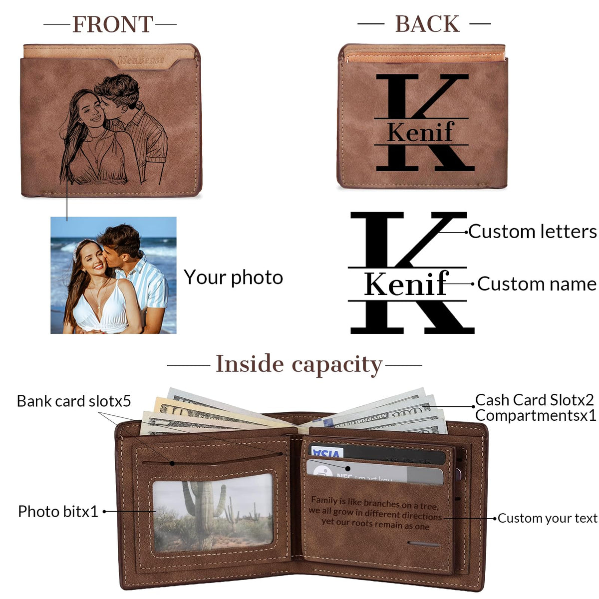 Cupike Custom Wallets for Men, Personalized Minimalist Leather Bifold Wallet Engraved with Name & Photo Initials, Customized Wallet Gifts for Fathers Boyfriend Son Husband