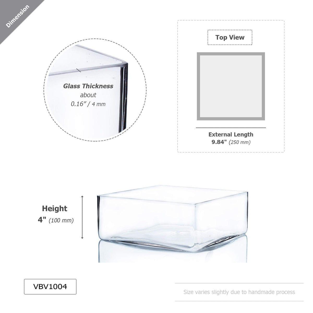 WGV Square Block Glass Vase, Length 10", Height 4", Clear Large Planter Terrarium, Floral Container for Wedding Party Event, Home Office Decor, 1 Piece