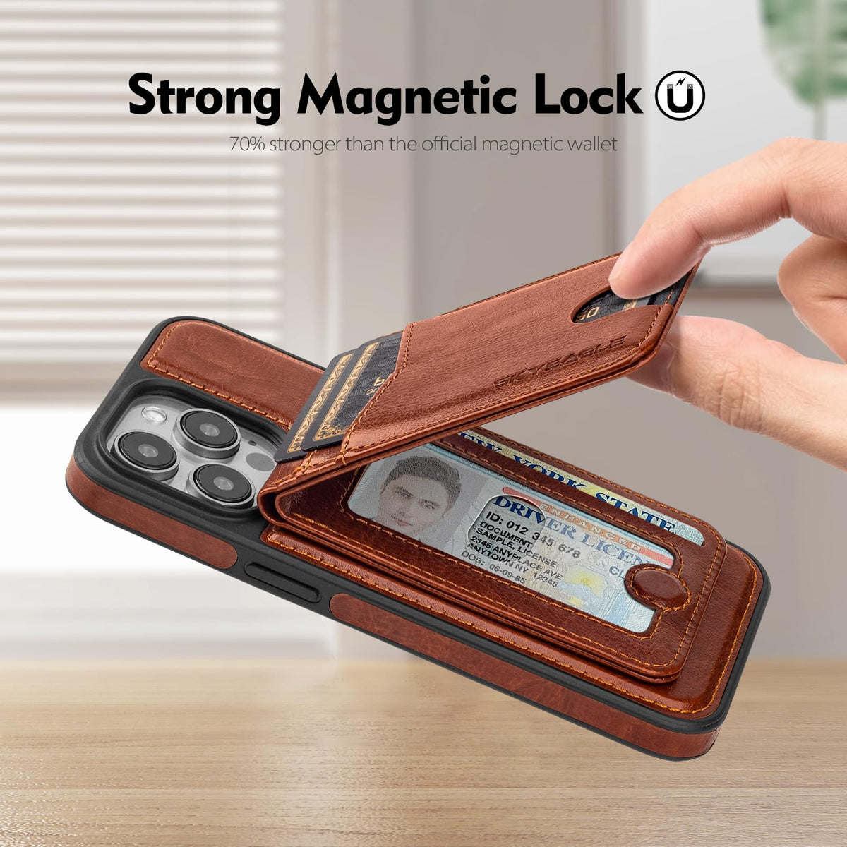 SkyEagle Compatible with Magsafe 2 in 1 Detachable iPhone 15 Pro Max Wallet Case with Card Holder,Women Men Magnetic PU Leather RFID Blocking Flip Kickstand Credit Slots for Apple 15 Pro Max,Brown