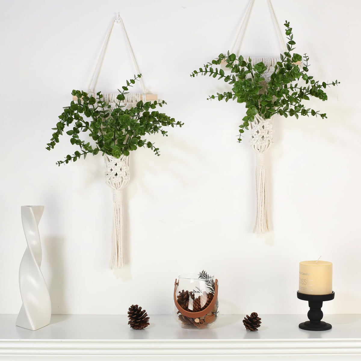 UBOSU Macrame Wall Hanging Plants with LED Lights, White Cotton Rope, Wooden Dowel, Boho Woven Plant Holders with Artificial Eucalyptus Leaves, wall Decor, Set of 2 (Green)