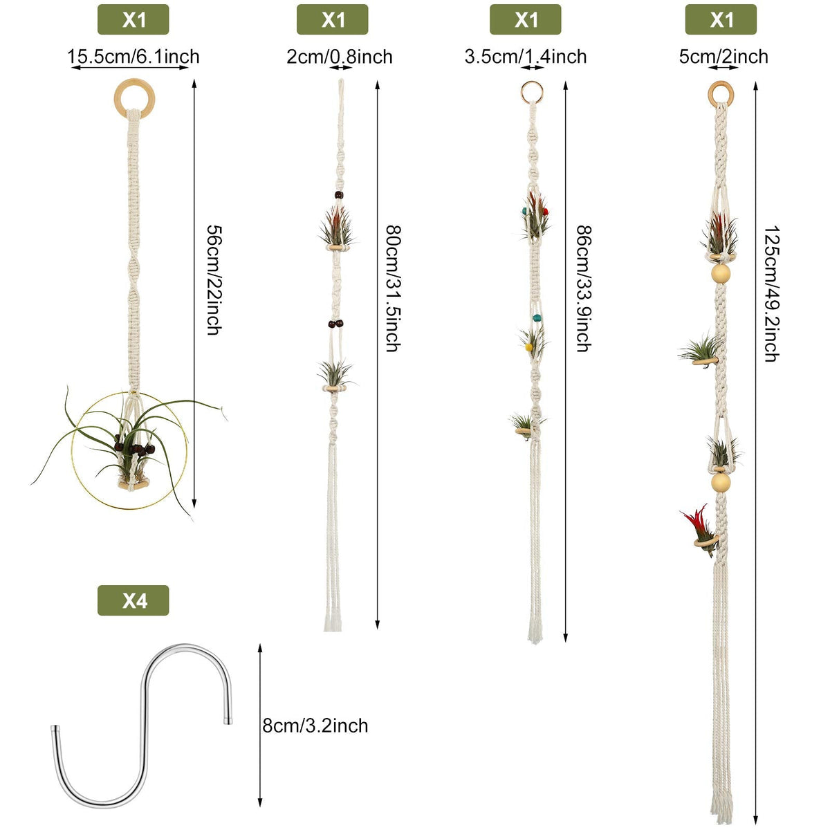 Tatuo 4 Pieces Hanging Air Plant Holders Boho Macrame Plant Hanger Fabric Woven Air Fern Display with 4 Pieces Hooks for Home Decoration Gift Idea