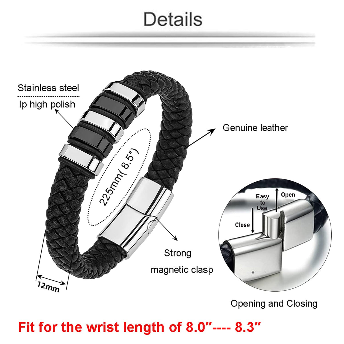 LJWVX Mens Black Leather Bracelets,Braided Leather Wristband Cuff,Stainless Steel Clasp,Bracelet Gift for Dad
