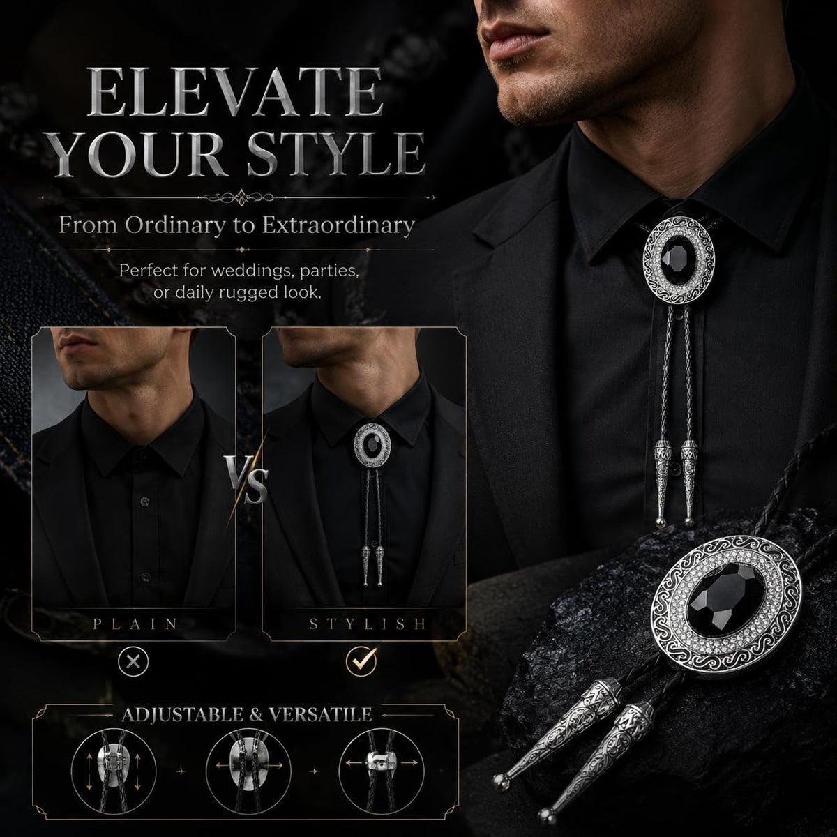 Doitby Rhinestone Bolo Tie for Men, Western Cowboy Necktie Leather Bolo Ties Necklace for Men Women