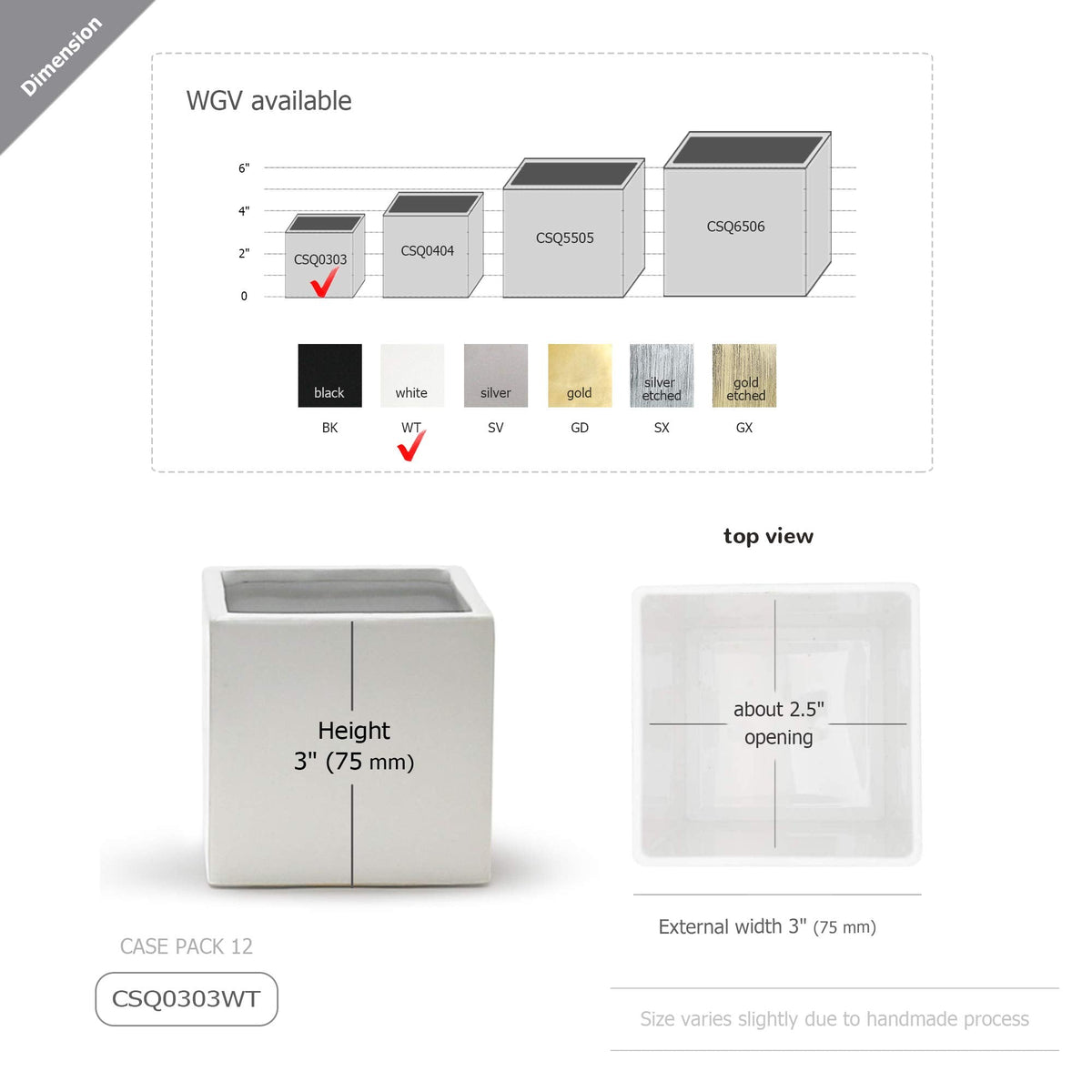 WGVI WGV Ceramic Cube Vase Width 3" Height 3" (Fits 2.5" Pot) Elegant Modern Small Square Floral Planter Terrarium Container Table Dresser for Event Accent Home Office Decor White 1 Piece