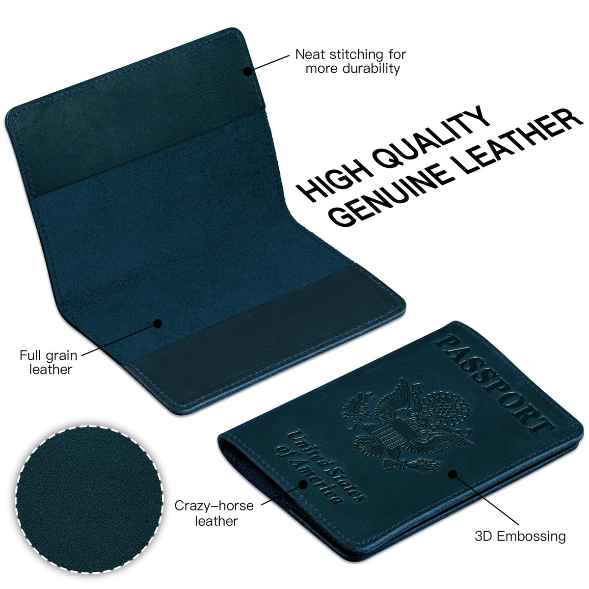 BIAOTIE Premium Leather Passport Holder Covers, Rfid Travel Wallet Passport Document Holder, Travel Essentials Wallet Cover Case for Men and Women (Blue)