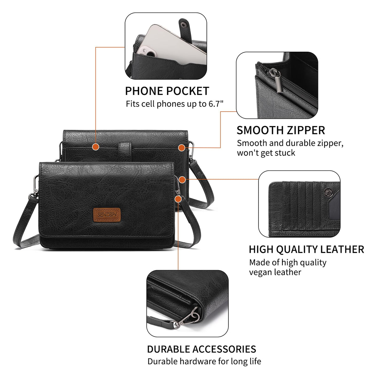 SENDEFN Small Crossbody Bags for Women Leather Cell Phone Purse Wallet shoulder handbag with ID window and Card Slots