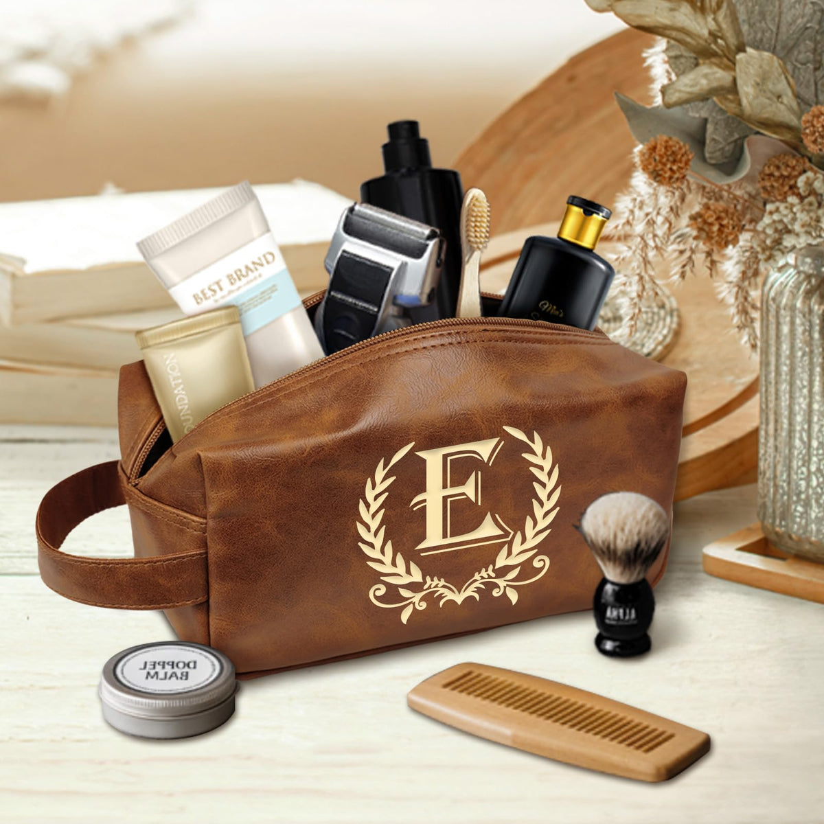 Engraved Letter Toiletry Bag Leather Waterproof Travel Kit, Personalized Gifts for Dad Husband Boyfriend - DarkBrown(E)