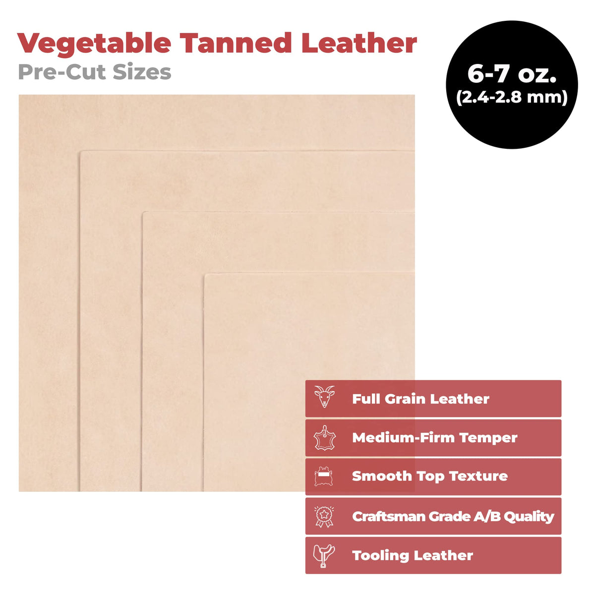 ELW Tooling Leather Vegetable Tanned 6-7 oz. (2.4-2.8mm) Heavy Thickness Weight Size: 12"x24" | Pre-Cut Leather Sheets 6" to 48" Cowhide Sheets Shoulder & Sides in Full Grain Leather for Stamping