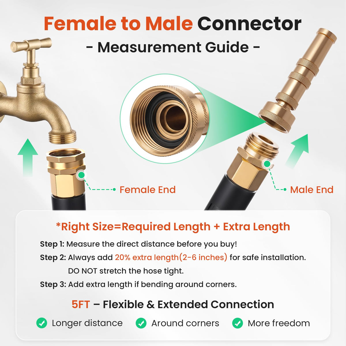 Cesun Metal Garden Hose 5FT, Short Connector, Water Lead-in Hose Extension, Kink-Free, Flexible and Lightweight, Drinking Water Hose for Hose Reel, RV