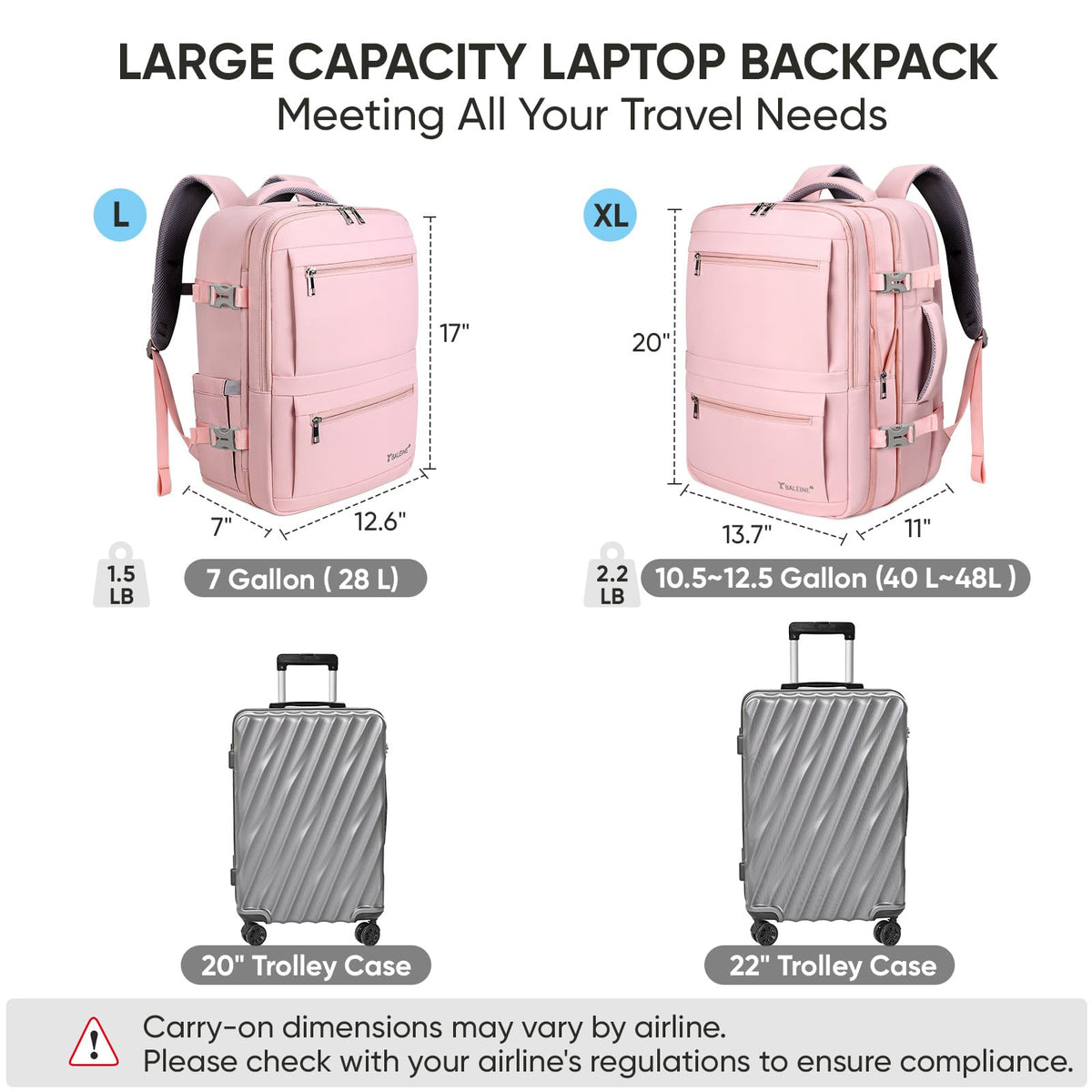 BALEINE Travel Backpack for Women Men, Large Sturdy Carry On Laptop Backpack Gifts for Business, Casual, Weekender, Hiking (Large, Pink)