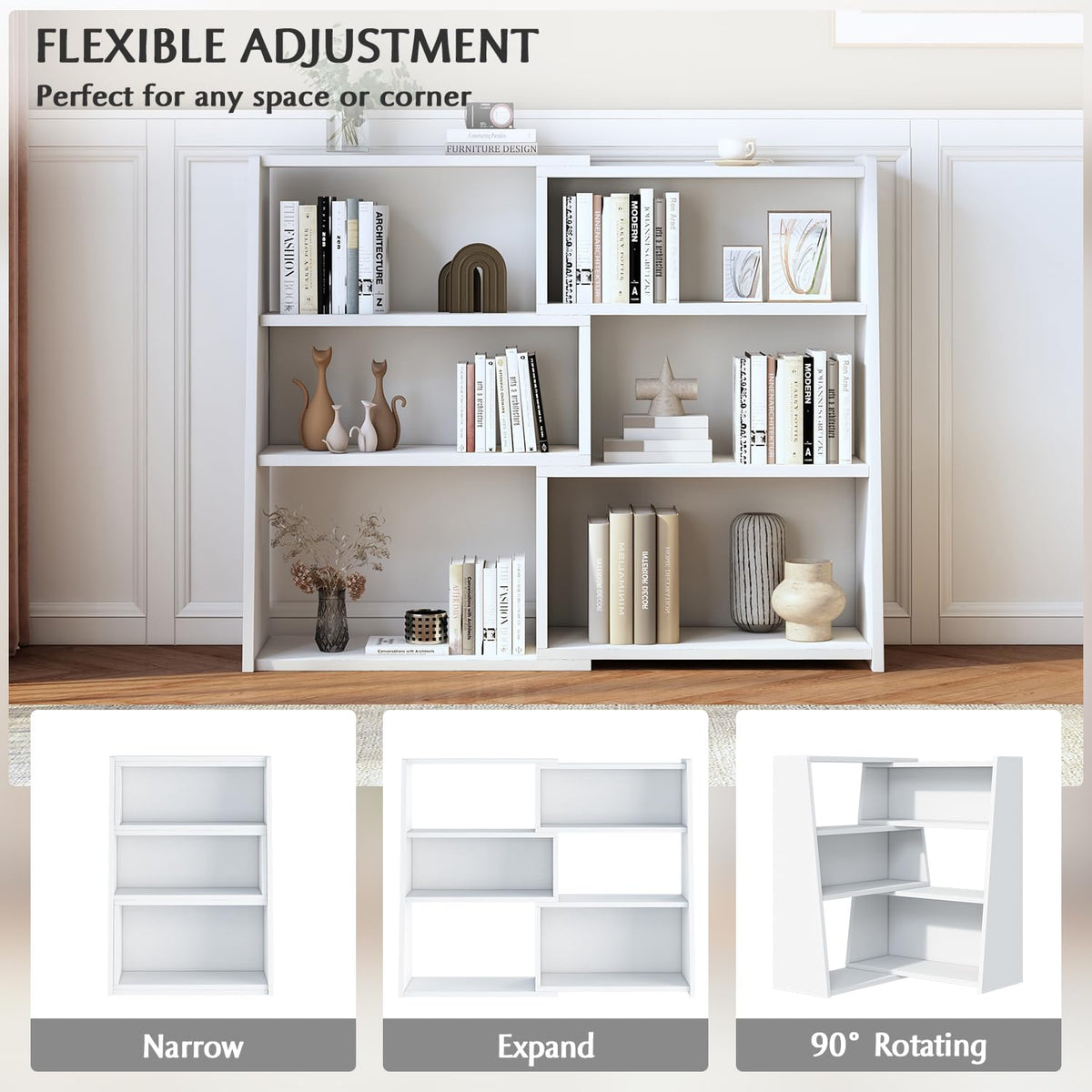 IOTXY Wooden Extendable Shelf Bookcase - 3-Tier Ladder Low Short Bookshelf for Small Space or Corner, White, S