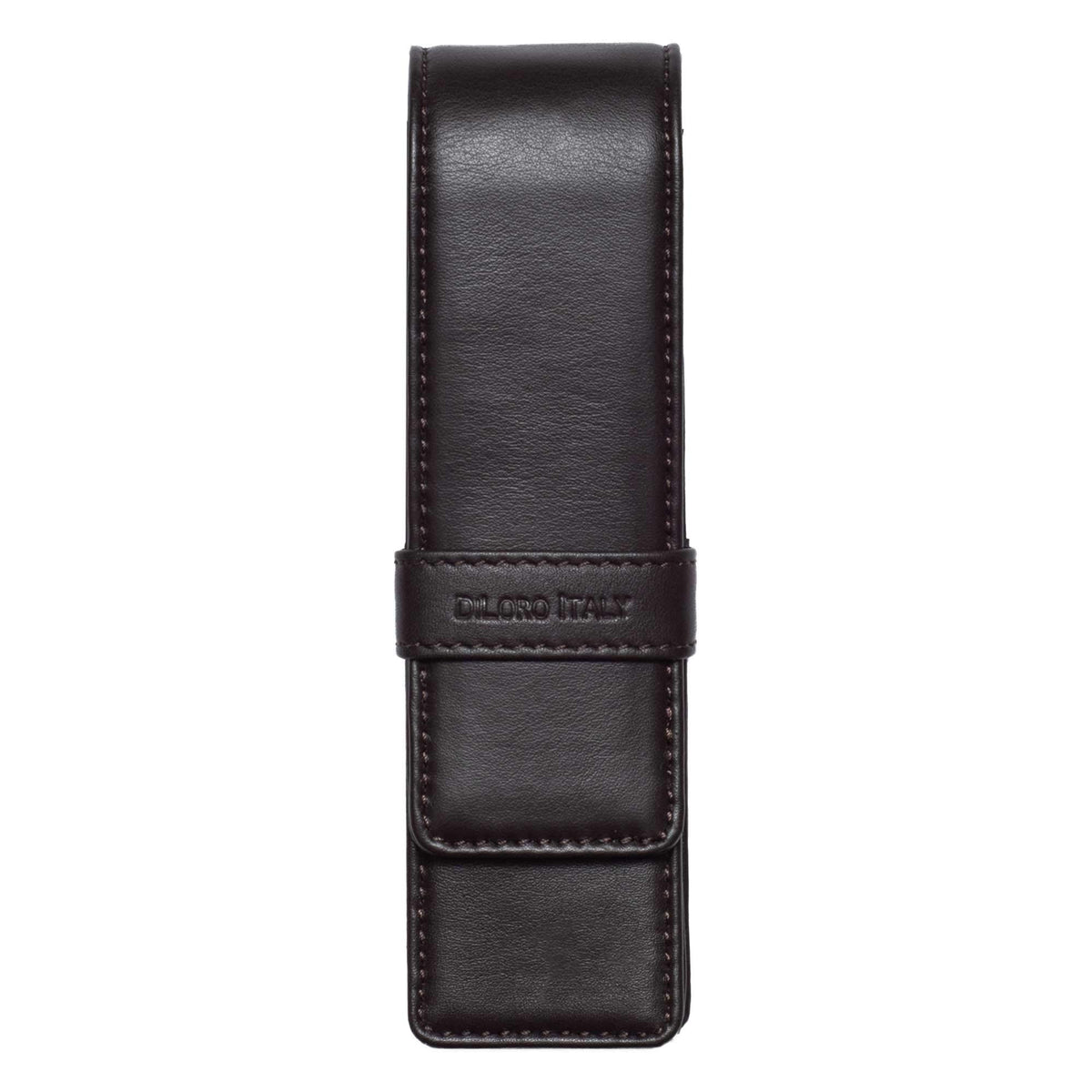 DiLoro Leather Double Pen Case Pencil Pouch Holder for Two Fountain Ballpoint Rollerball Pens and Pencils (Espresso Dark Brown)