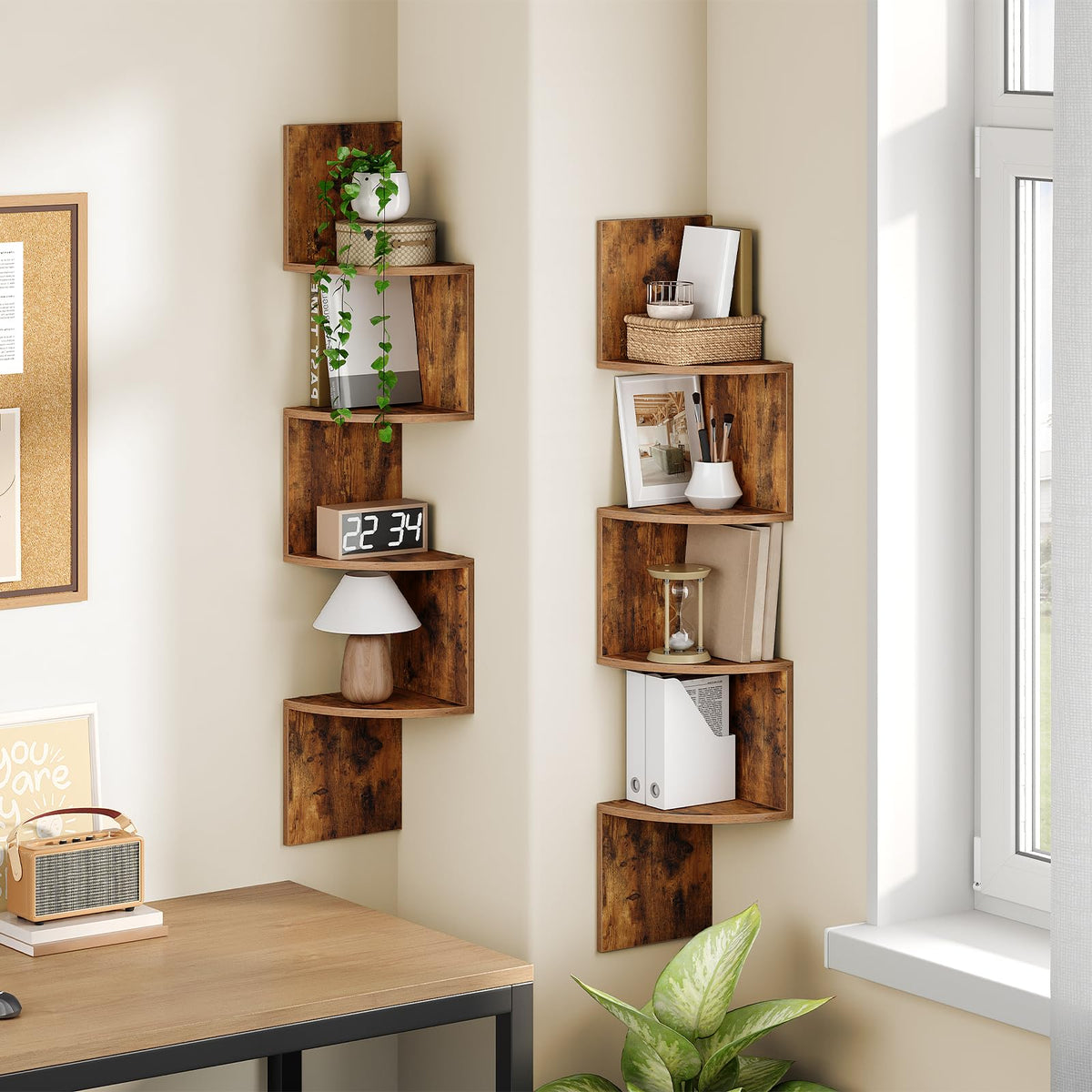 HOOBRO Corner Shelf Wall-Mounted, Set of 2 Floating Corner Shelves for Wall, 4-Tier Corner Bookshelves for Living Room, Bedroom, Bathroom, Home Office, Rustic Brown BF25BJP201