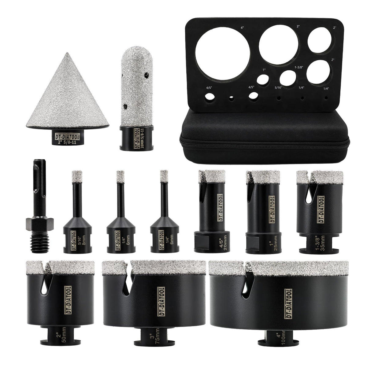 DT-DIATOOL Tile Hole Saw Kit Diamond Core Drill Bits Set 6/6/8/20/25/35/50/75/100mm & 4/5" Diamond Finger Bit with 2" Beveling Chamfer Bit and SDS Adapter for Tile Marble Granite