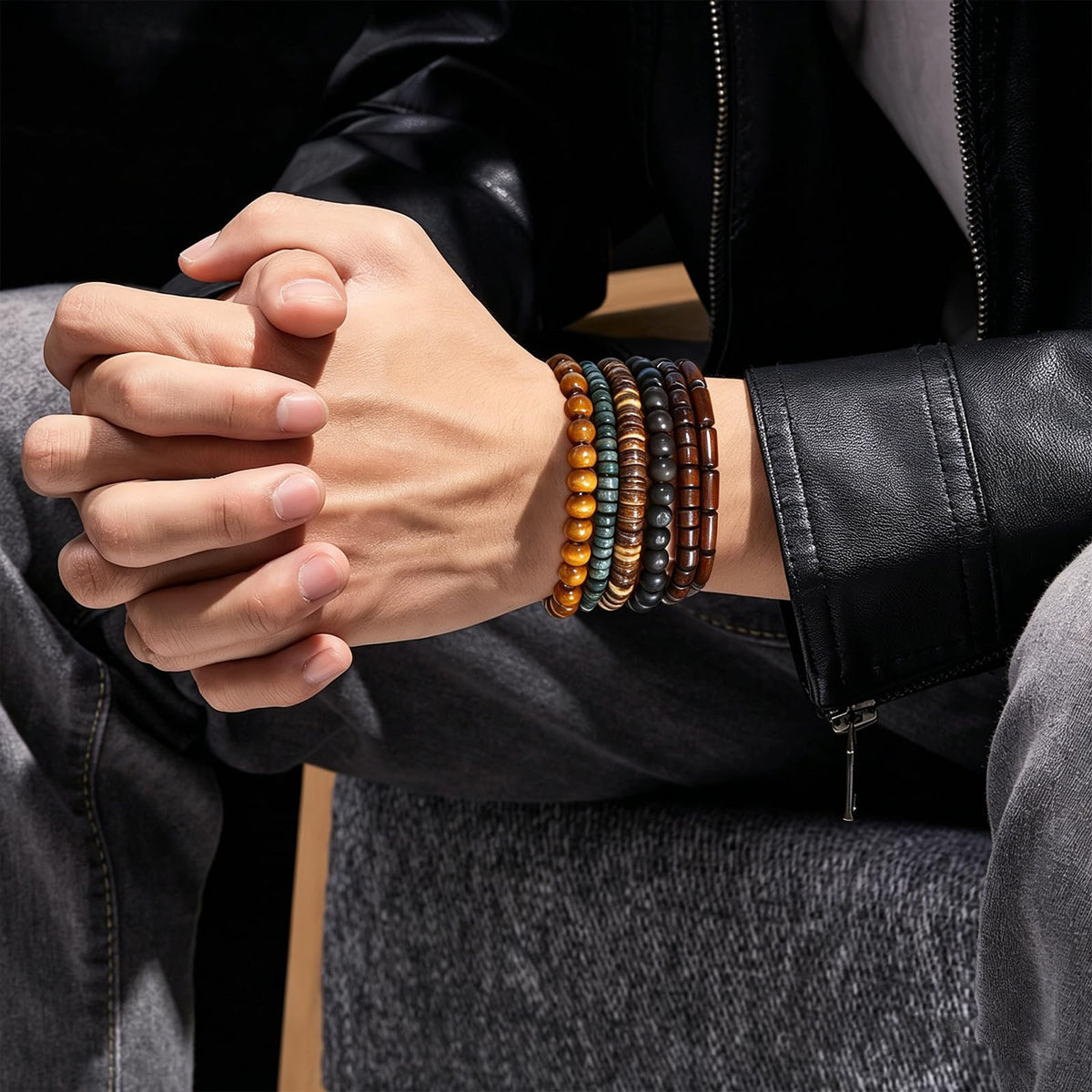 JAVMOO 45 Pcs Wooden Bead Bracelets for Men Women, Boho Multiple Sets Leather Wrap, Hemp Cords, Stack Wood Beads, Ethnic Tribal Cuff Jewelry Wristbands
