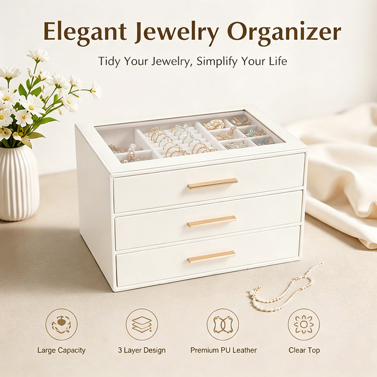 GUOER Jewelry Box for Women, Glass Lid Jewelry Organizer with 3 Drawers PU Jewelry Storage Case for Necklaces Rings Earrings Bracelets, Mother's Day, White