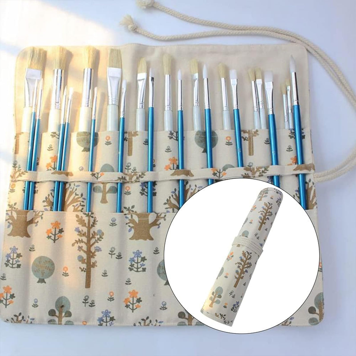 Funny Paint Brush Holder Storage 20 Slots Art Brush Roll Canvas Pouch Artist Paint Brush Holder Roll Up Brush Bag Case Storage Canvas Pouch for Watercolor Gouache