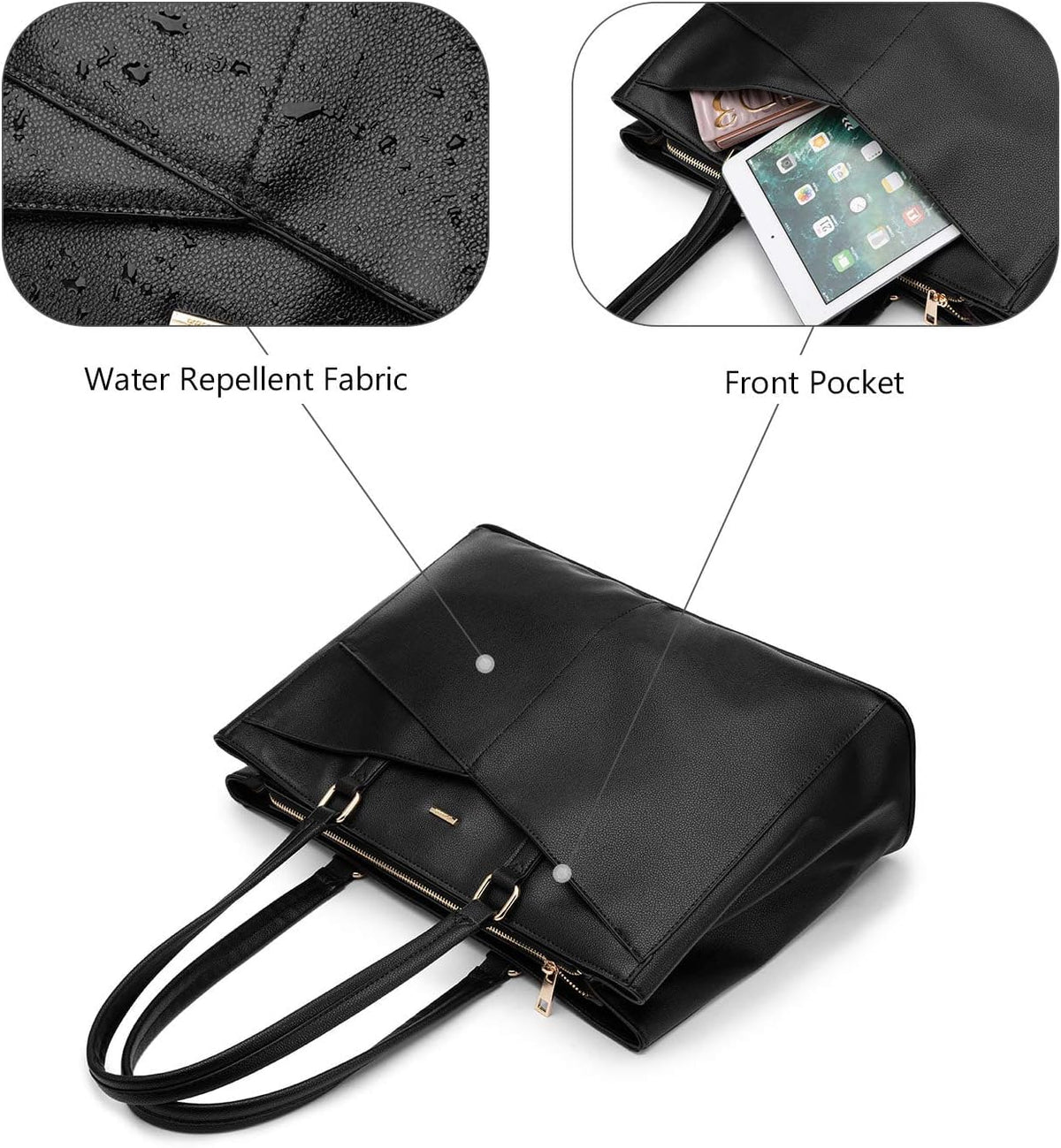 LOVEVOOK Laptop Tote Bag for Women 15.6 Inch Leather Work Bags with Large Cup Holder for Teacher Work Business,Black